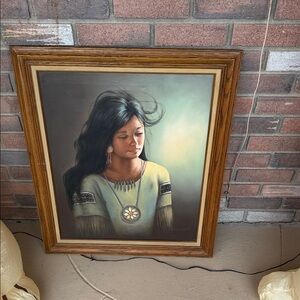 Native American Portrait Painting with Wooden Frame